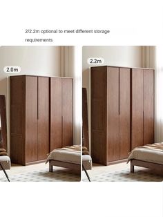 the measurements of an armoire and bed are shown in three different views, each with its own storage compartment