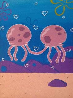 an image of two jellyfishs in the ocean with hearts on their backs and one holding hands