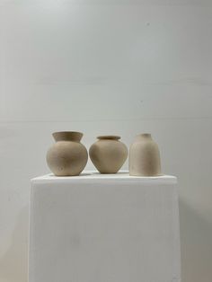 three vases sitting on top of a white block in front of a white wall