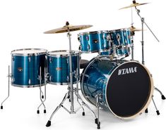 a blue drum set with black hardware