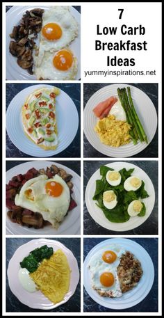 different plates with eggs, meat and vegetables on them are shown in this collage