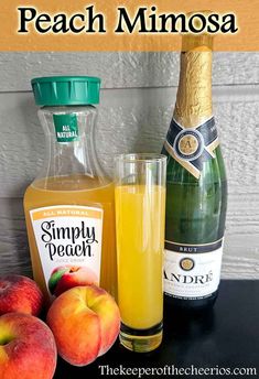 peach mimosa recipe with fresh peaches and an empty bottle next to it