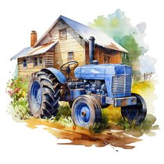 an old blue tractor is parked in front of a small wooden house on the farm