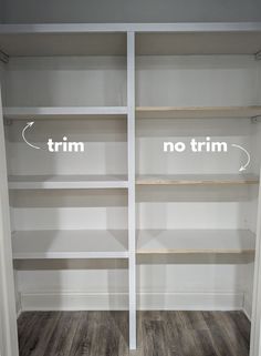 an empty walk - in closet with no trim and no trim on the bottom shelf