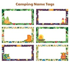 camping name tags with tents and campfires