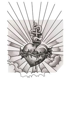 a drawing of a heart with an anchor and sunburst in the background on white paper