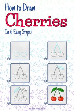 6 steps demonstrating how to draw  how to draw cherries for kids. Draw Cherries, Cherry Drawing, Drawing Lessons For Kids, Drawing Lesson, Guided Drawing