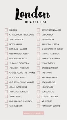 the london bucket list is shown in black and white, with pink lettering on it