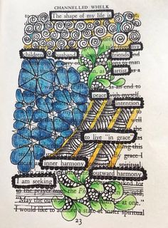 a drawing of blue flowers on top of a page of paper with words written in it