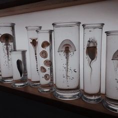 there are many glass vases that have been filled with liquid and sand in them