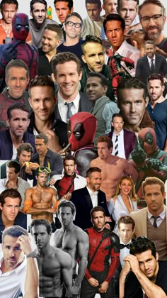 a collage of men with different facial expressions and body parts, including one man in a suit