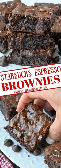 chocolate brownies stacked on top of each other in front of a sign that says starbucks's espresso brownies