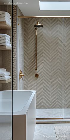 a walk in shower sitting next to a white sink and bathtub under a skylight