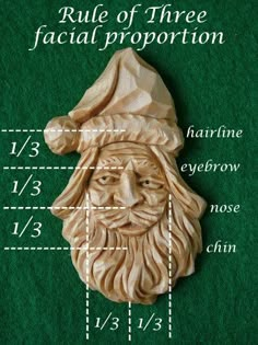 an image of a wooden carving of santa claus on the green background with measurements for each piece