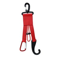 a pair of red suspenders with an umbrella hook attached to the end of it