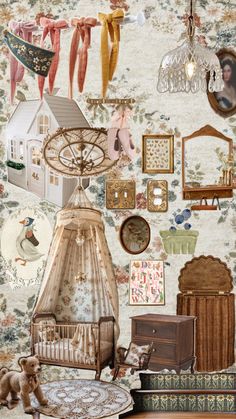 a baby crib with many items hanging on the wall