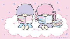 two cartoon characters are reading books on a cloud