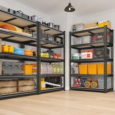 two metal shelvings with various items on them in the middle of a room