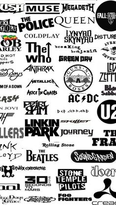 many different types of logos are shown in black and white, including one for the band