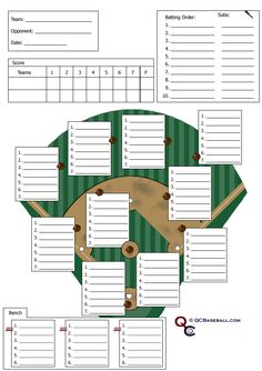 a printable baseball game plan for the pitcher's mound with seating and numbers