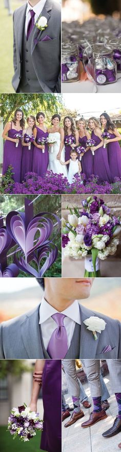 a collage of photos showing different people in suits and ties with purple flowers on them