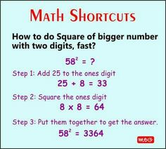 a sign that says math shortcuts how to do square of bigger number with two digits, fast?