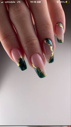 Amber Green Nails, Nice Nail Designs Classy, Silver Flakes On Nails, Green N Gold Nails, Classy Green Nails, Dark Green Prom Nails, Lotr Nails, Dark Emerald Green Nails, Green Trendy Nails