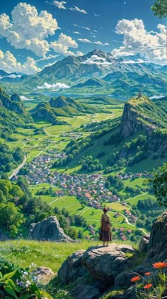 a painting of a man standing on top of a mountain looking at the valley below