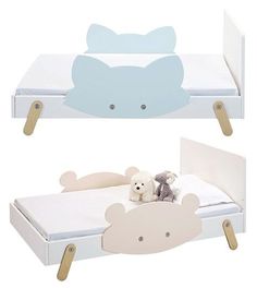 two children's beds with teddy bears on them, one is white and the other is blue