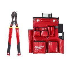 a red tool bag with two pairs of pliers and a pair of shears