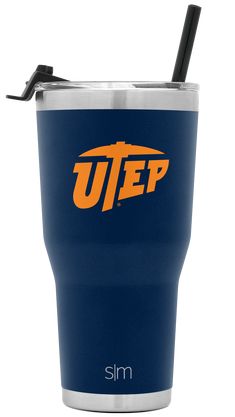 the university of utah utep logo is shown on a blue tumbler cup