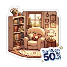 a sticker with an image of a chair and bookshelf in the corner