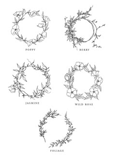 four different types of wreaths with the words poppy, berry and wild rose on them