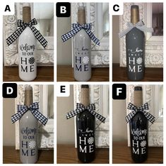 four different pictures of wine bottles with ribbons tied around them and the words, i love you