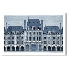 a blue and white drawing of a large building with lots of windows on the front