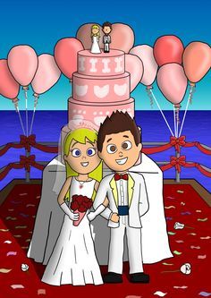 a cartoon image of a bride and groom standing in front of a wedding cake with balloons