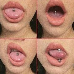 four pictures of a woman's lips with different piercings on their tongue and nose