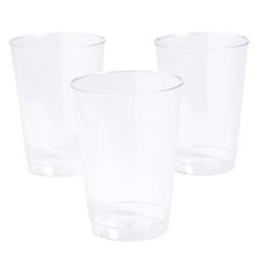 three clear plastic cups sitting next to each other