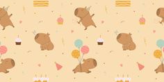 an animal with balloons and cupcakes on a beige background that is seamless