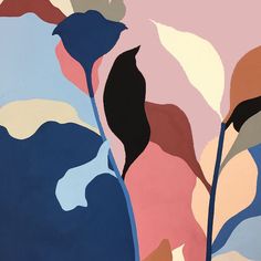 an abstract painting with blue, pink and green leaves