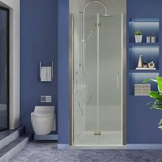 a modern bathroom with blue walls and white fixtures, including a toilet and walk in shower