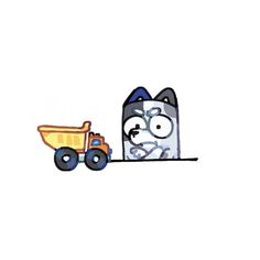 a drawing of a cat with a dump truck on it's back, and another cartoon character in the background