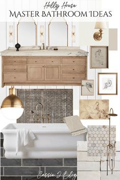 the bathroom is decorated in neutral tones and gold accents, including an antique style bathtub