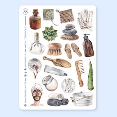 a sticker sheet with various items from the past, including hairbrushes and other things