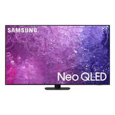 the samsung qled tv is shown on a white background with purple and pink paint