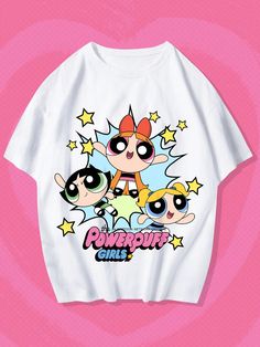 Blanco Casual Collar manga corta Tela Dibujos animados,Letras  Embellished Elástico Ligero Men Cartoon, The Powerpuff Girls, Cartoon Letters, Lol League Of Legends, Powerpuff Girls, Free Fire, Black Panther, White Casual, Cute Shirts