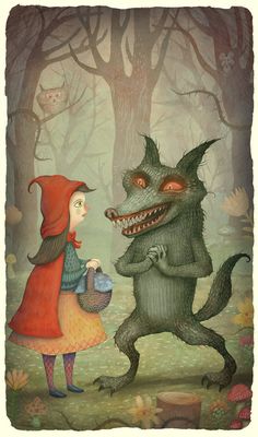 an illustration of a little red riding on the back of a wolf