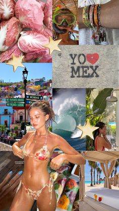 a collage of photos with the words you mex written on them and pictures of women in bikinis