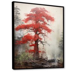 a red tree in the woods with water droplets on it's leaves and branches