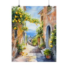 a painting of an alley way with lemons hanging from the trees and potted plants